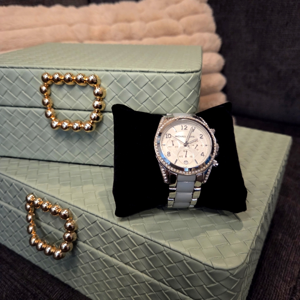 Michael Kors Silver And Baby Blue Chronograph Watch with Crystal Bezel
